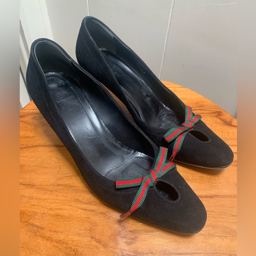 Gucci Black Suede Heels with Red & Green Ribbon Bow
